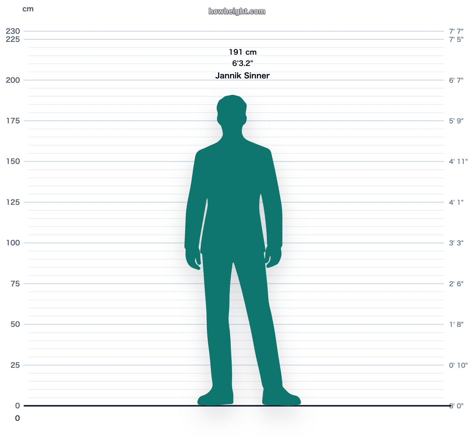 Jannik Sinner 191 cm height chart