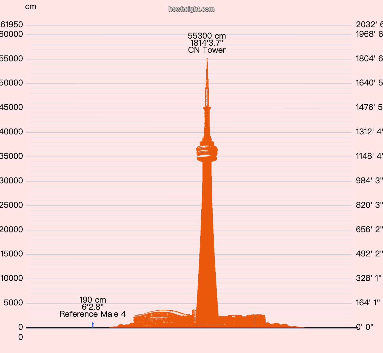 CN Tower human comparison chart with the tower shown beside a human silhouette